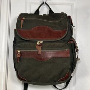 Orvis Battenkill Backpack Green Brown Canvas Leather Travel Hunting Monogram TWR